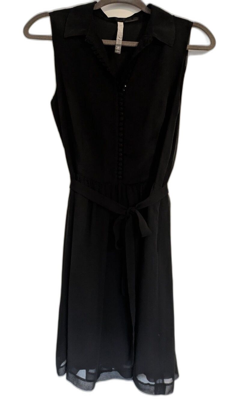 Kensie Dress S Black Sleeveless Button Up Ruffle Chiffon Belted Shirtdress Mini